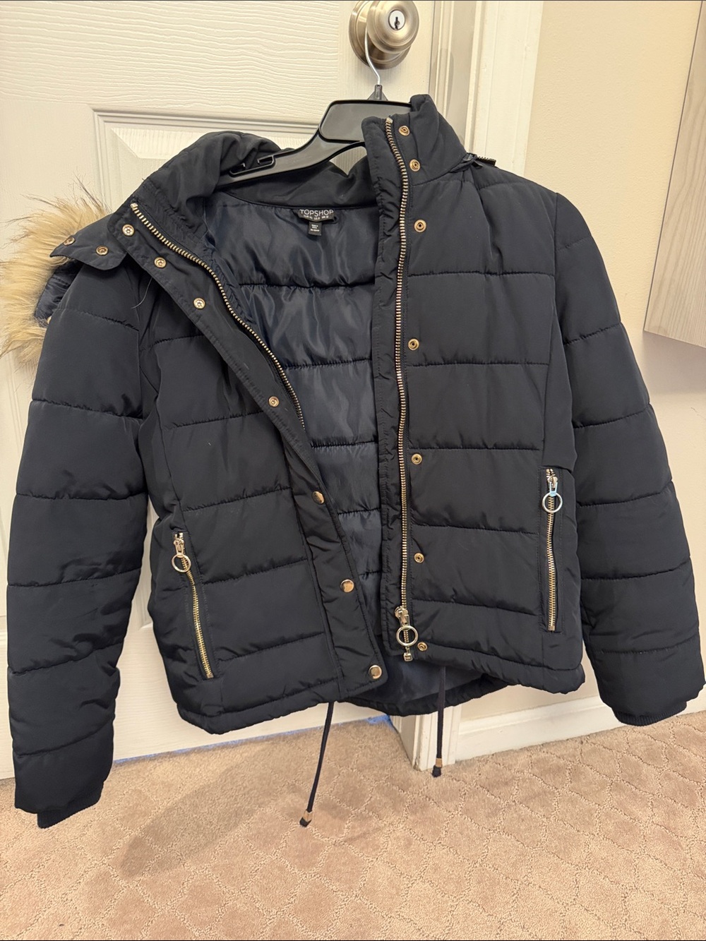Topshop Women's Black Puffer Jacket with Faux Fur Trim